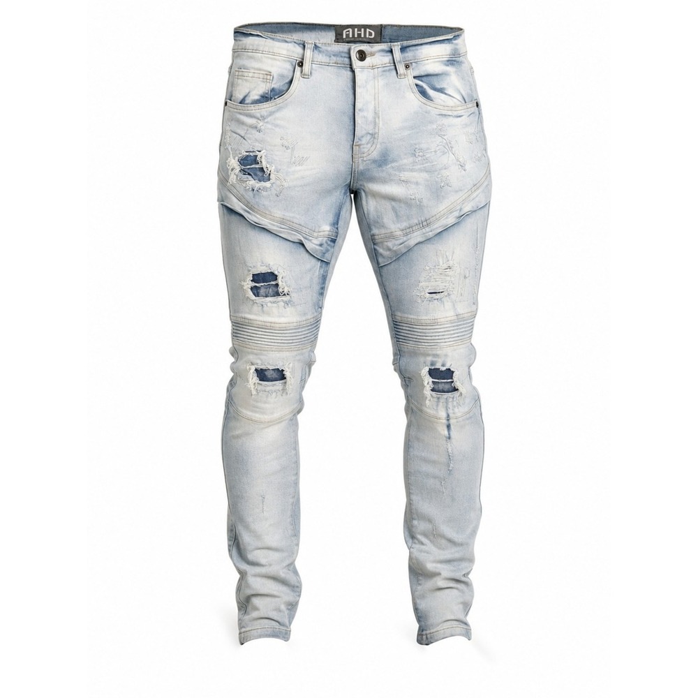 Another Hype Piece Men's Moto Distressed Jeans Size 32 Light Wash Biker Ripped